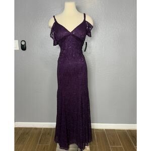 R&M Richards Long Glitter Lace Off The Shoulder Gown, Plum, 8